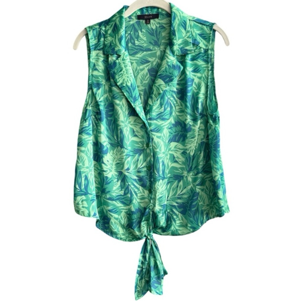 Eclair Sleeveless Button Down Blouse Tie Front Tropical Print Green Size M